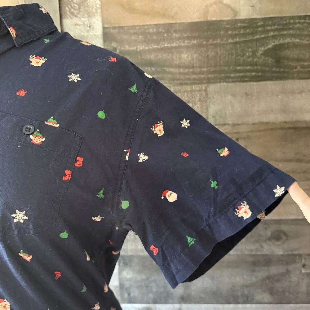 Men's Navy holiday button up shirt xlarge Santa elf Christmas tree reindeer